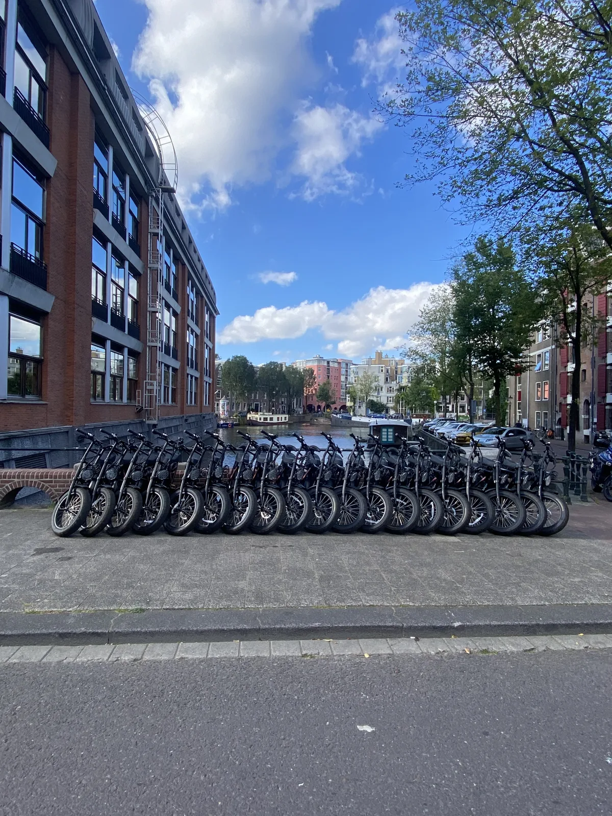 Fatbikes geparkeerd langs Amsterdamse gracht, klaar voor groepen — E-Choppershuren.nl